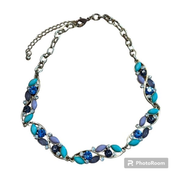 Gold Tone Faux Turquoise Multi Gemstone Rhinestone 14 Inch Choker Necklace - Picture 1 of 10
